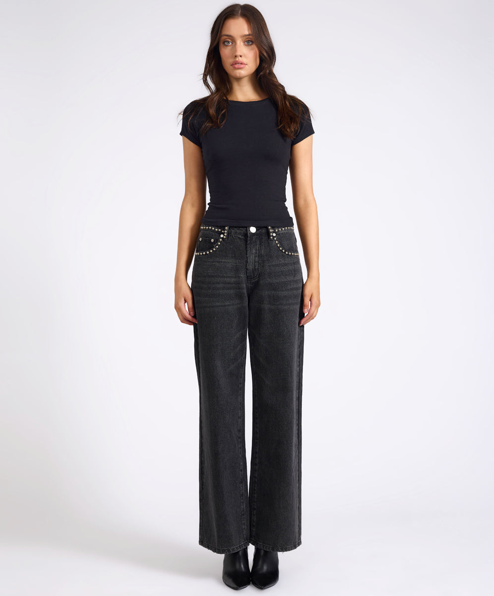Last Stock Jackson Mid Waist Wide Leg Studded Denim Jeans - Black