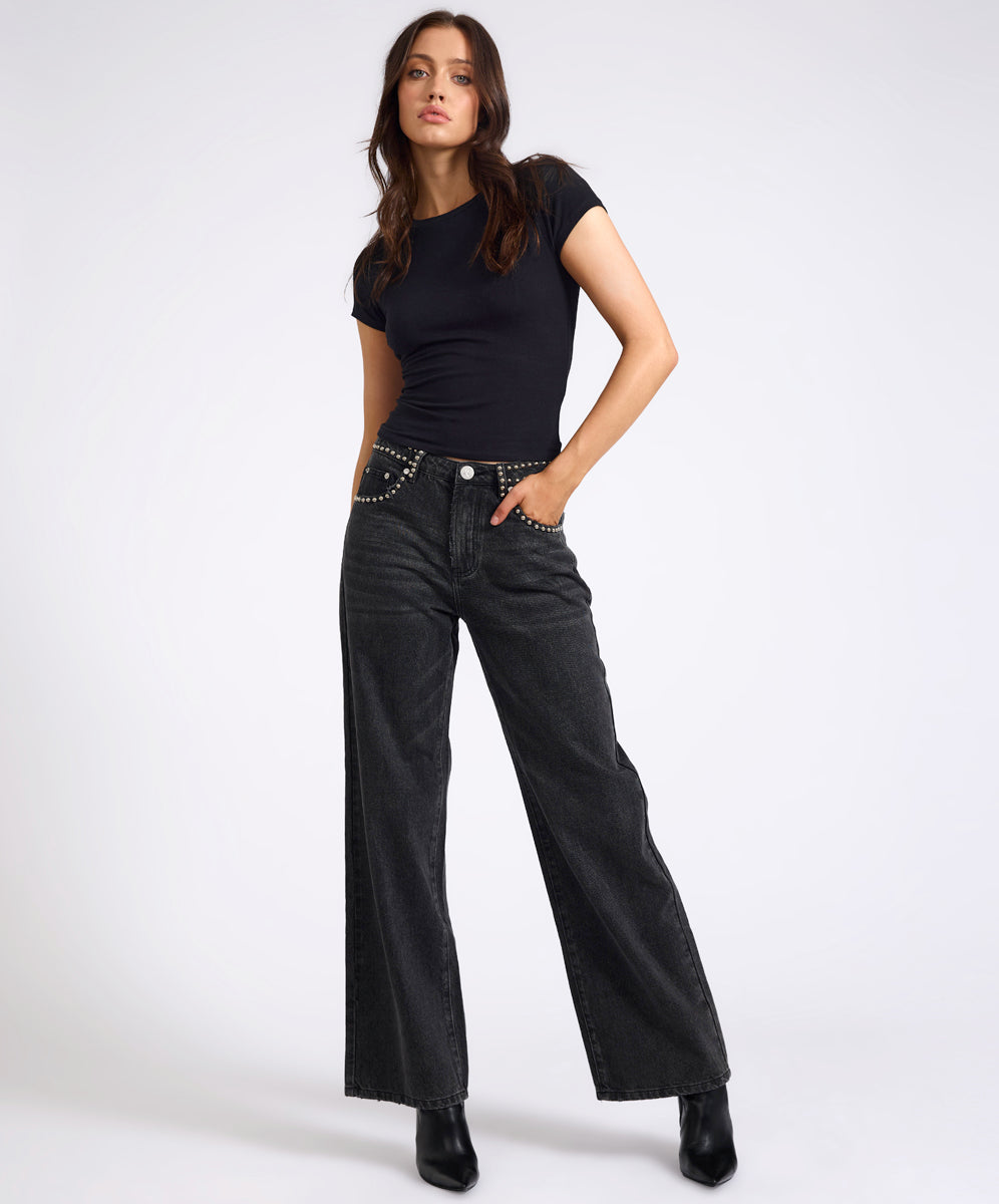 Jackson Mid Waist Wide Leg Studded Denim Jeans - Black | One