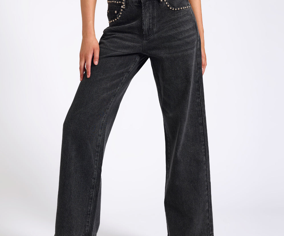 Jackson Mid Waist Wide Leg Studded Denim Jeans - Black