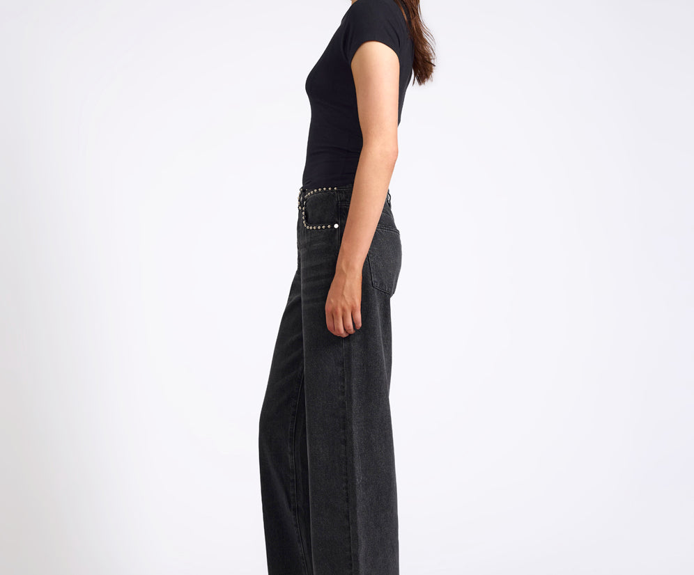 Jackson Mid Waist Wide Leg Studded Denim Jeans - Black