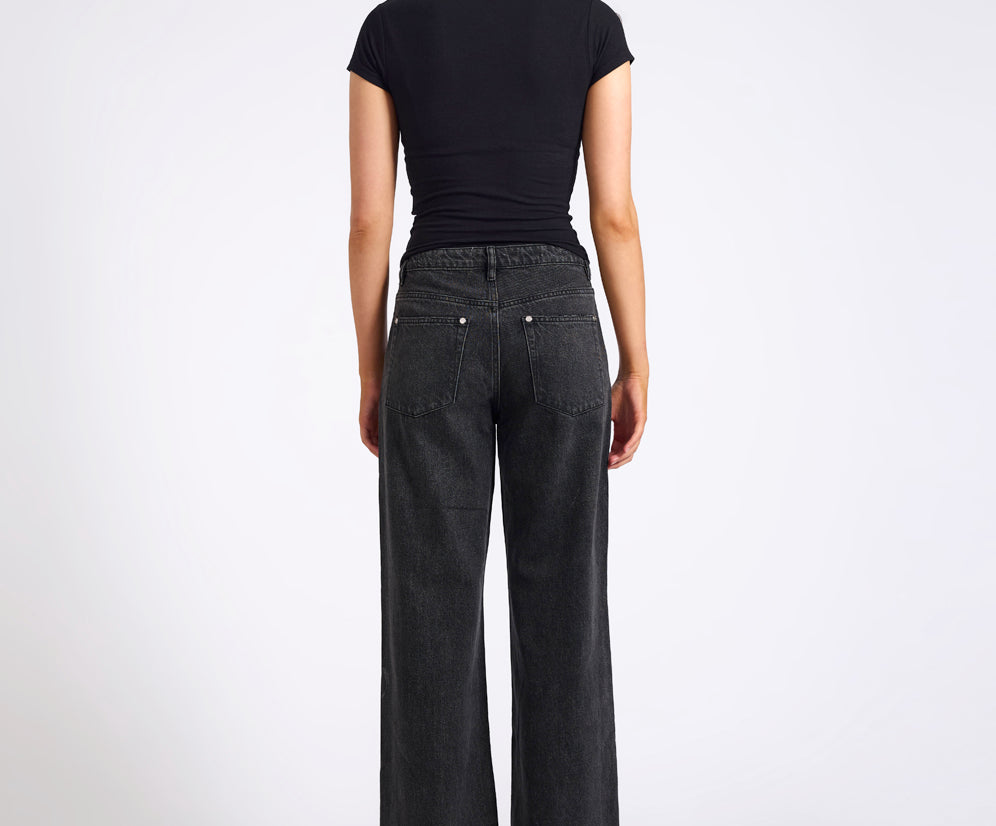 Jackson Mid Waist Wide Leg Studded Denim Jeans - Black
