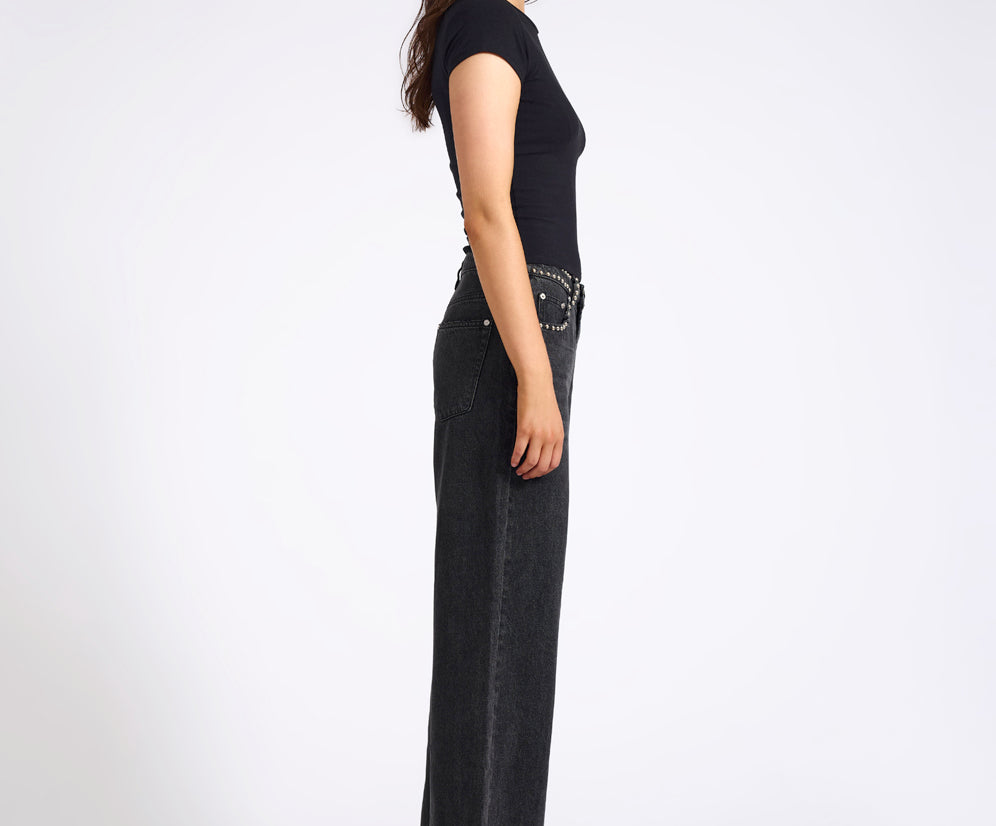 Jackson Mid Waist Wide Leg Studded Denim Jeans - Black