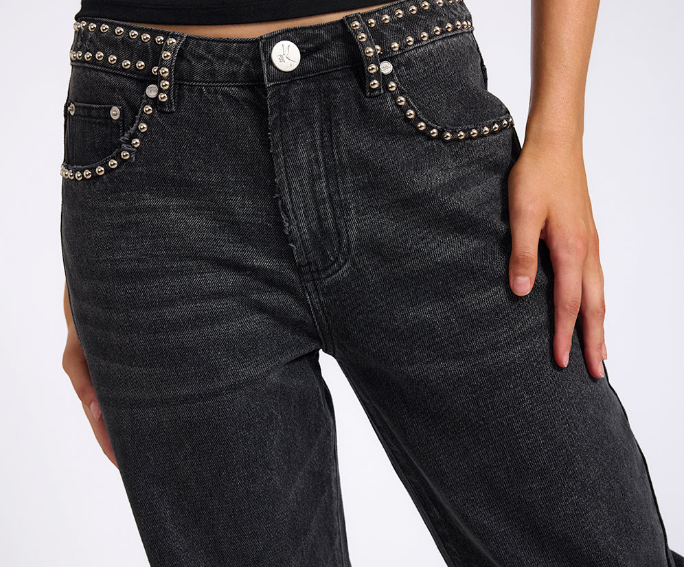 Jackson Mid Waist Wide Leg Studded Denim Jeans - Black
