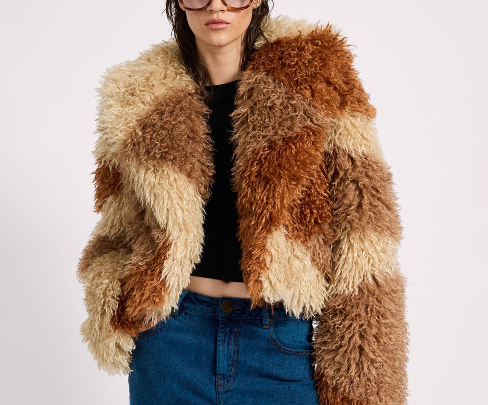 Mongolian Cropped Faux Fur Jacket - Tan