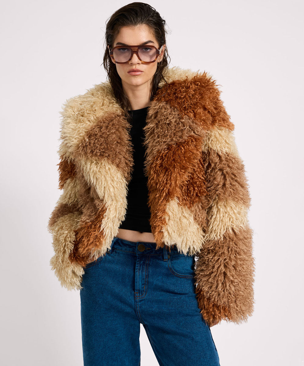 Mongolian Cropped Faux Fur Jacket - Tan