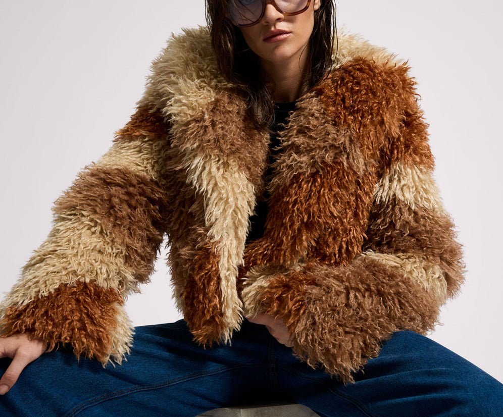 Mongolian Cropped Faux Fur Jacket - Tan