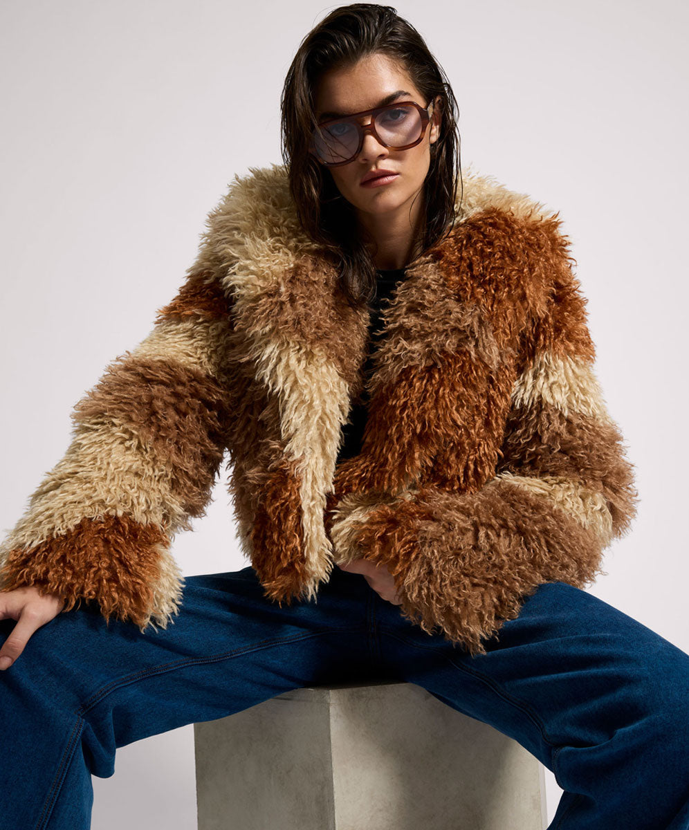  Mongolian Cropped Faux Fur Jacket - Tan