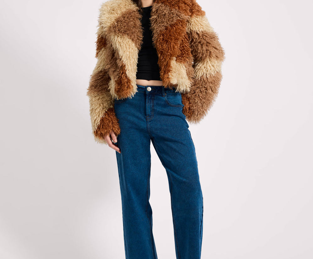 Mongolian Cropped Faux Fur Jacket - Tan