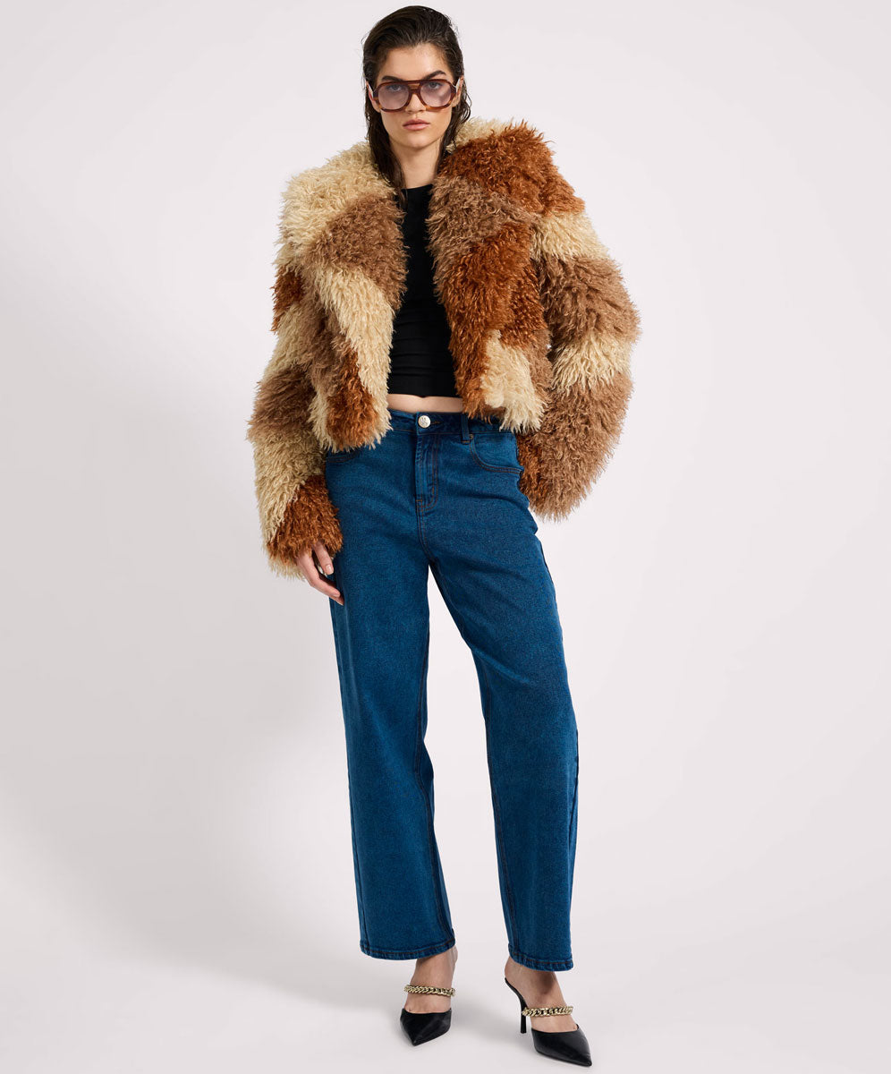 Mongolian Cropped Faux Fur Jacket - Tan