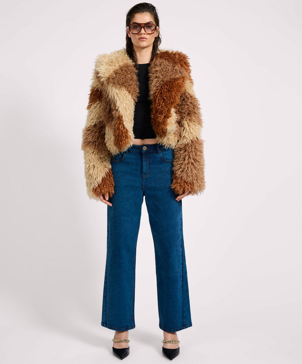 Mongolian Cropped Faux Fur Jacket - Tan | One Teaspoon USA