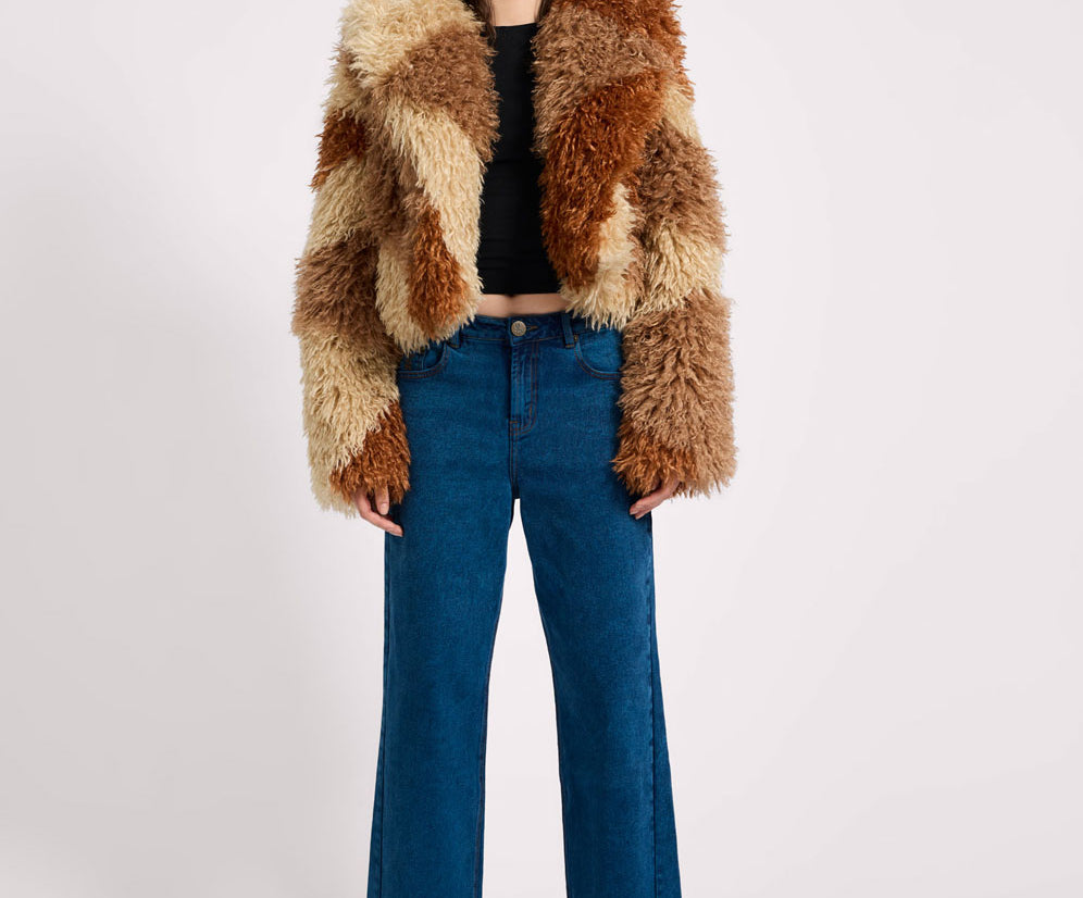 Mongolian Cropped Faux Fur Jacket - Tan