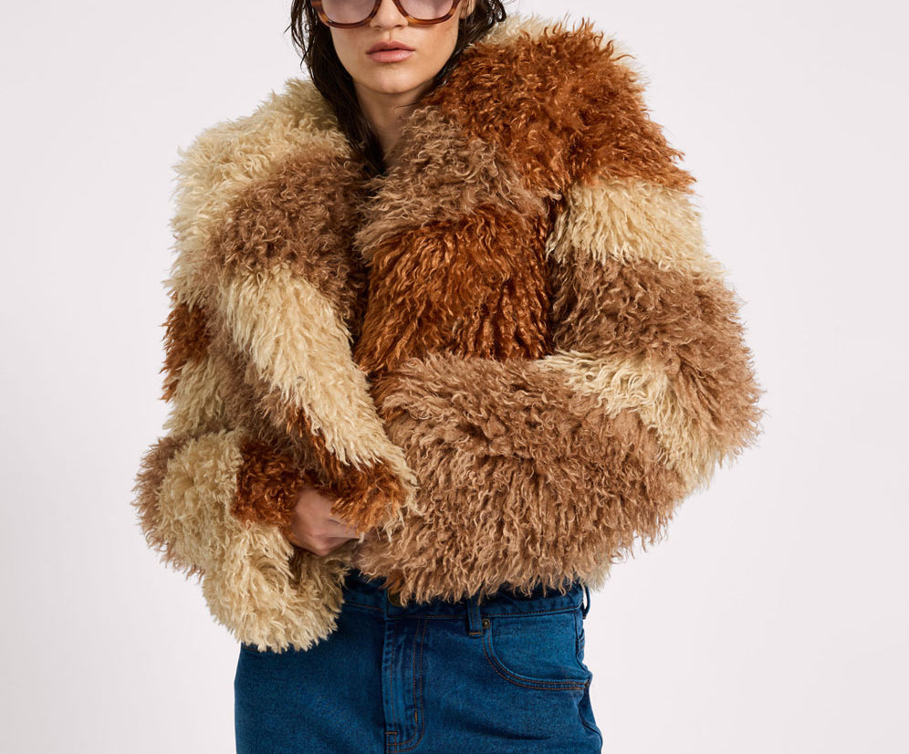 Mongolian Cropped Faux Fur Jacket - Tan