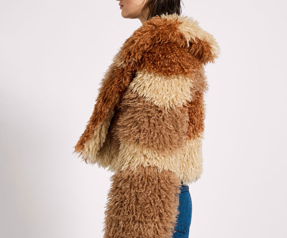 Mongolian Cropped Faux Fur Jacket - Tan
