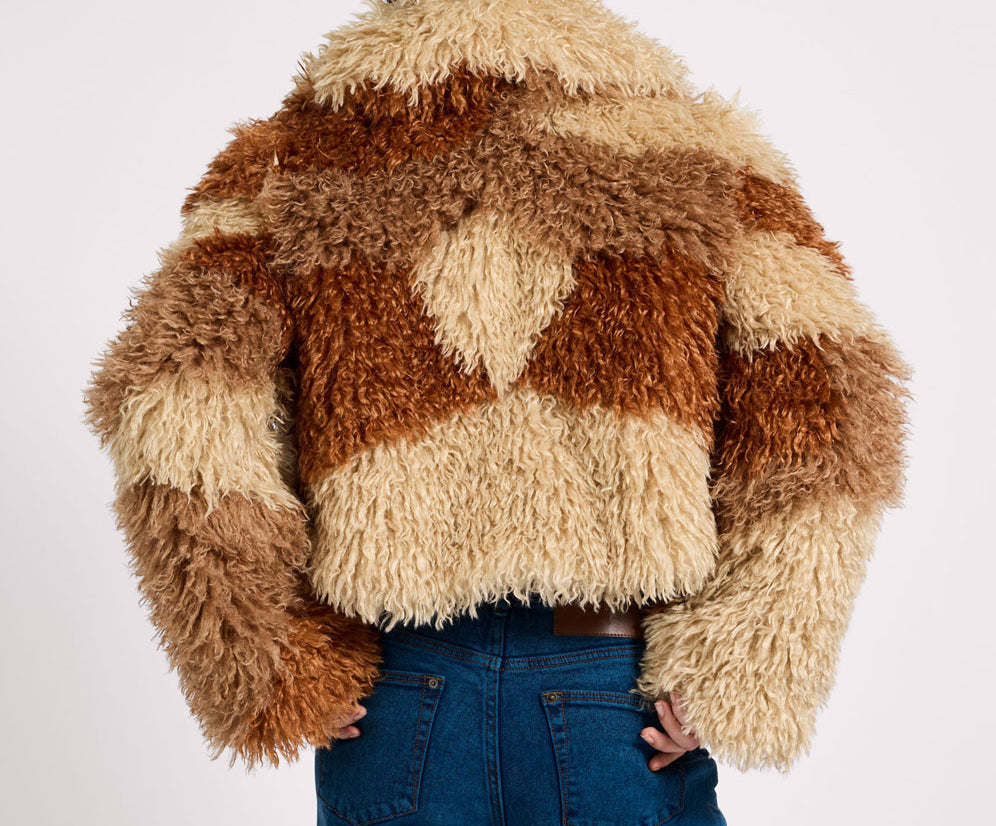 Mongolian Cropped Faux Fur Jacket - Tan