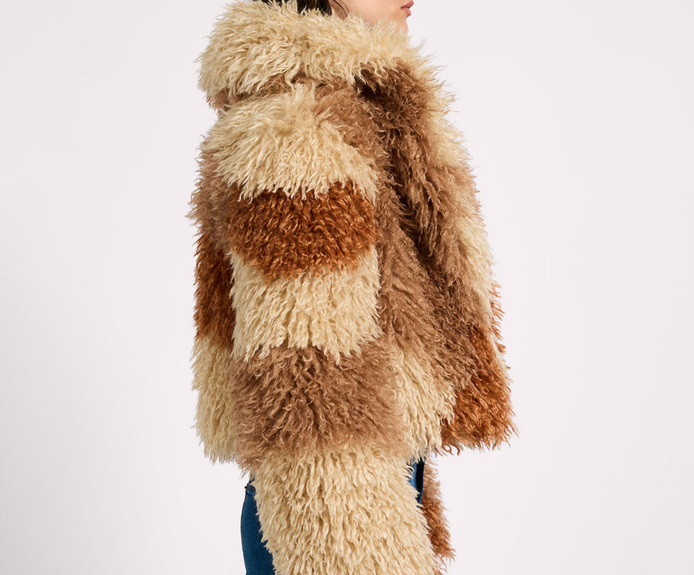 Mongolian Cropped Faux Fur Jacket - Tan