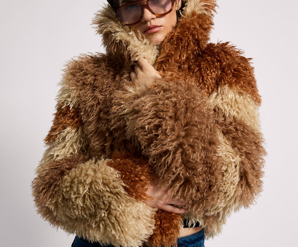 Mongolian Cropped Faux Fur Jacket Tan