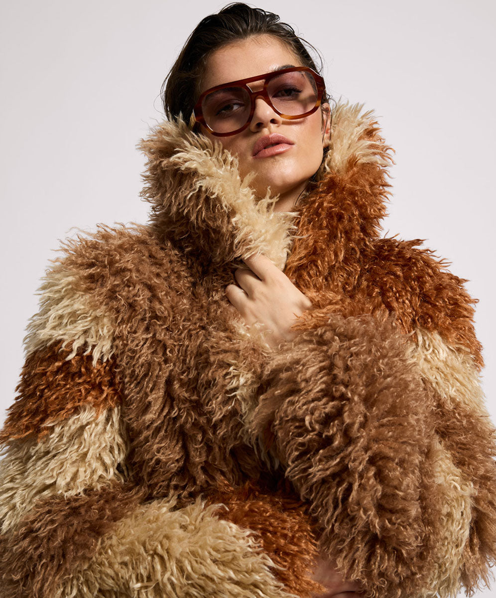 Mongolian Cropped Faux Fur Jacket - Tan | One Teaspoon USA