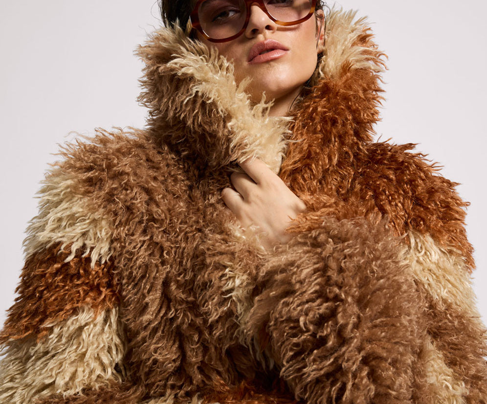 Mongolian Cropped Faux Fur Jacket - Tan