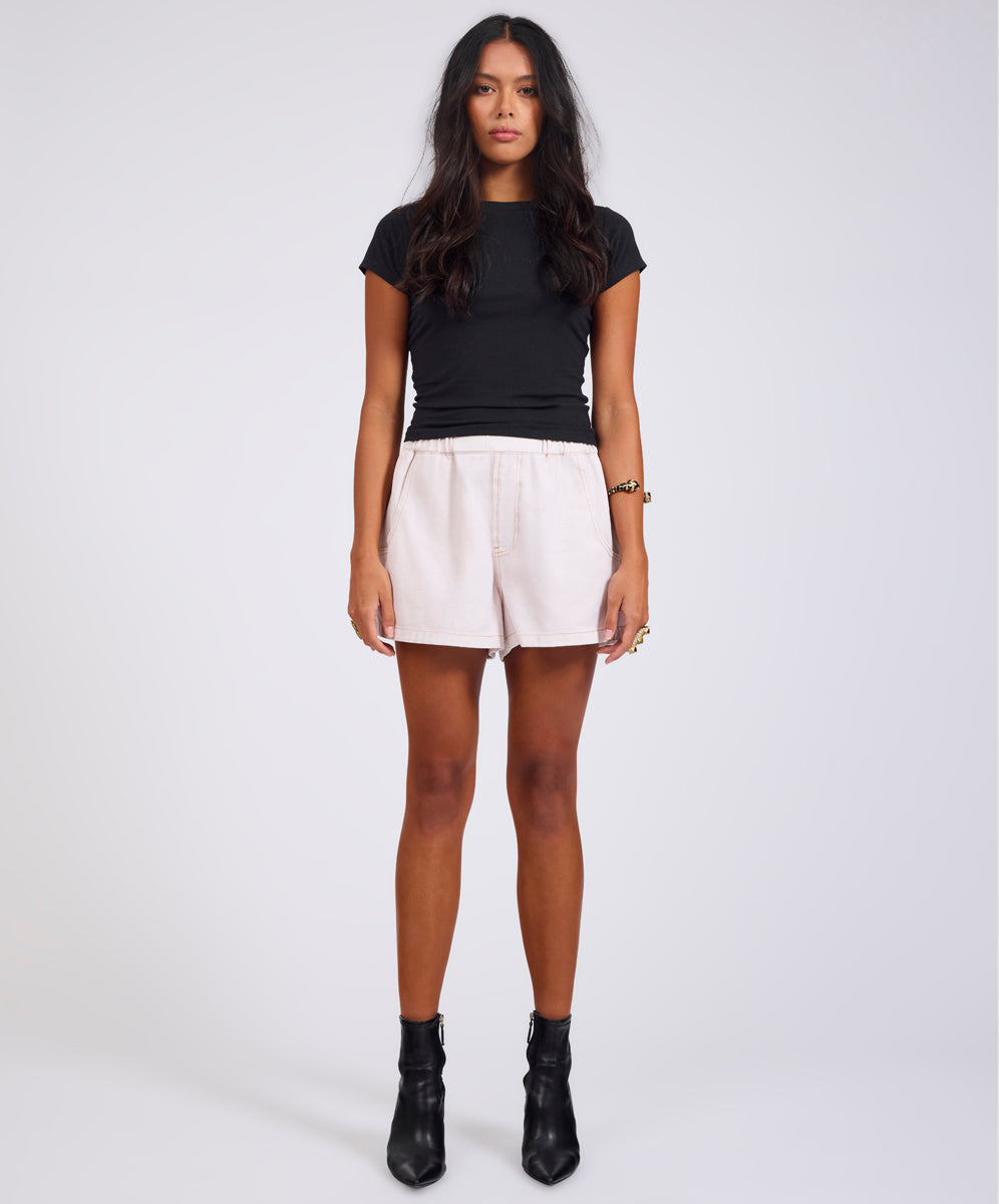 Last Stock Funks High Waist Elasticated Flippy Denim Shorts - Pink Tint
