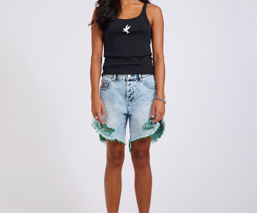 Frankies Low Waist Long Length Denim Shorts - Blue Fields
