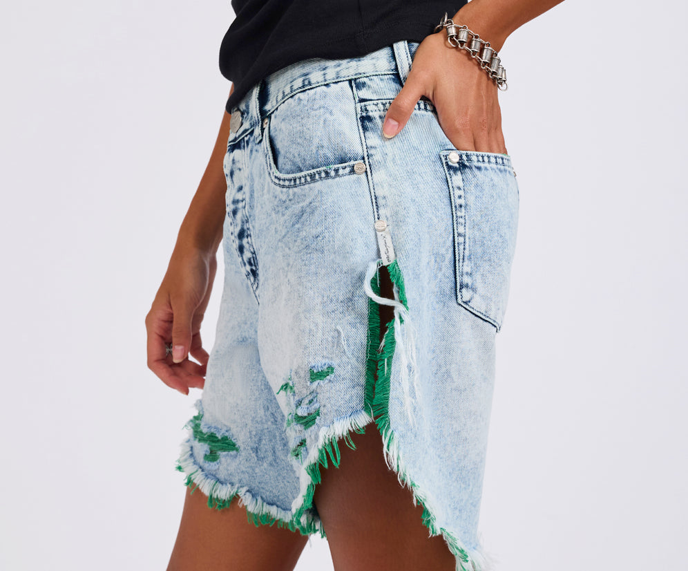 Frankies Low Waist Long Length Denim Shorts - Blue Fields