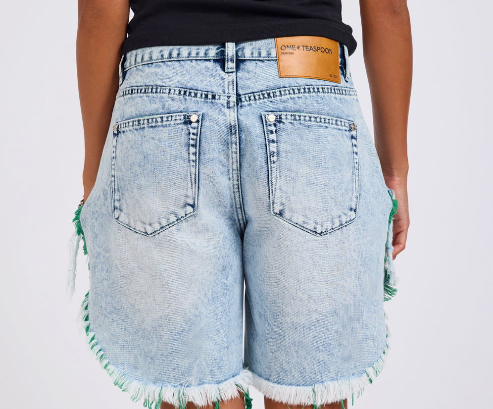 Frankies Low Waist Long Length Denim Shorts - Blue Fields