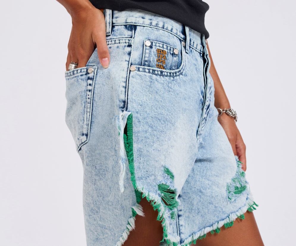 Frankies Low Waist Long Length Denim Shorts - Blue Fields