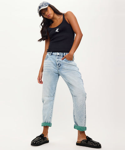 Saints Low Waist Boyfriend Denim Jeans - Blue Fields