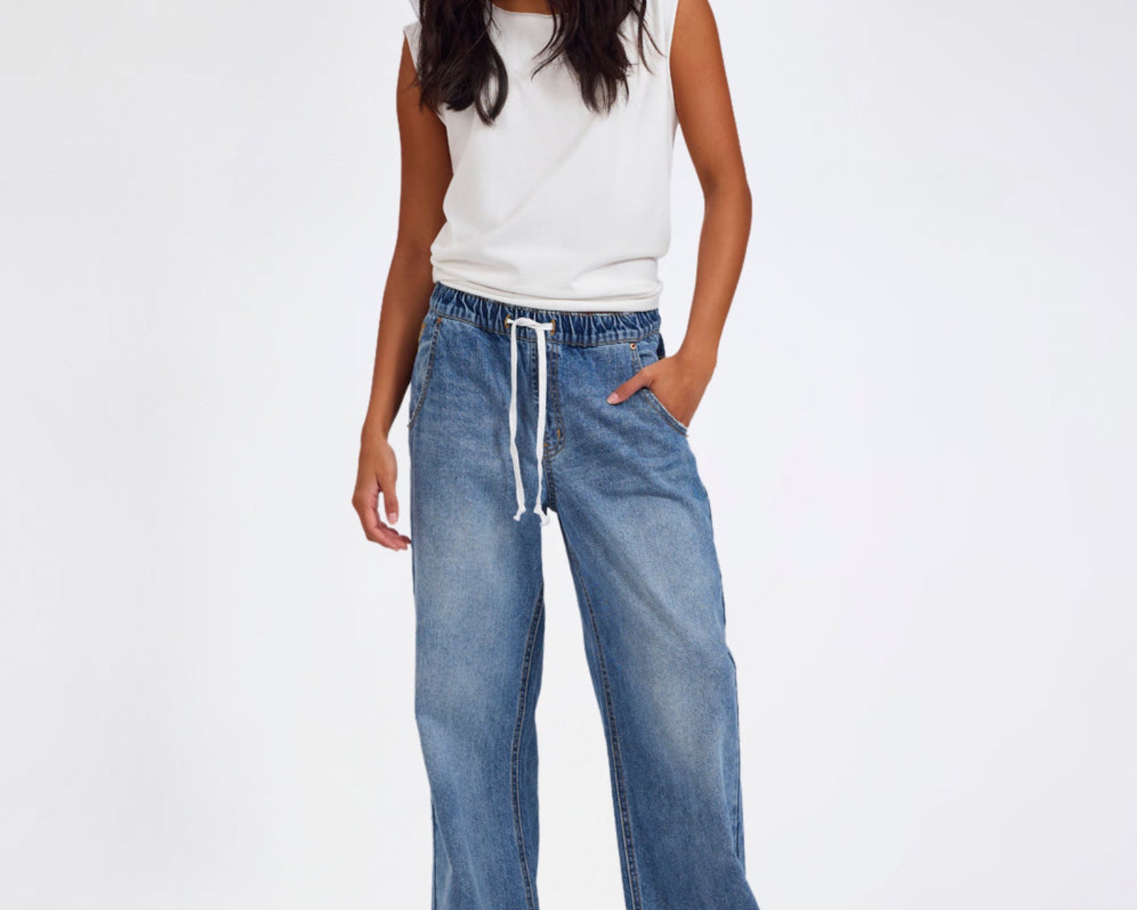 Roadhouse Mid Waist Wide Leg Drawstring Denim Jean - Hoodlum Blue