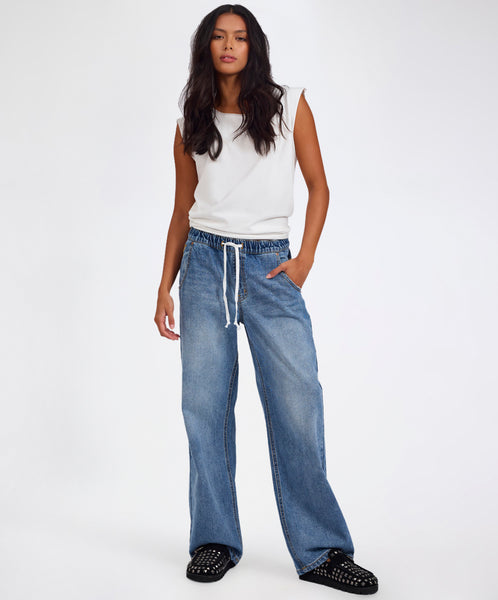 Roadhouse Mid Waist Wide Leg Drawstring Denim Jean - Hoodlum Blue