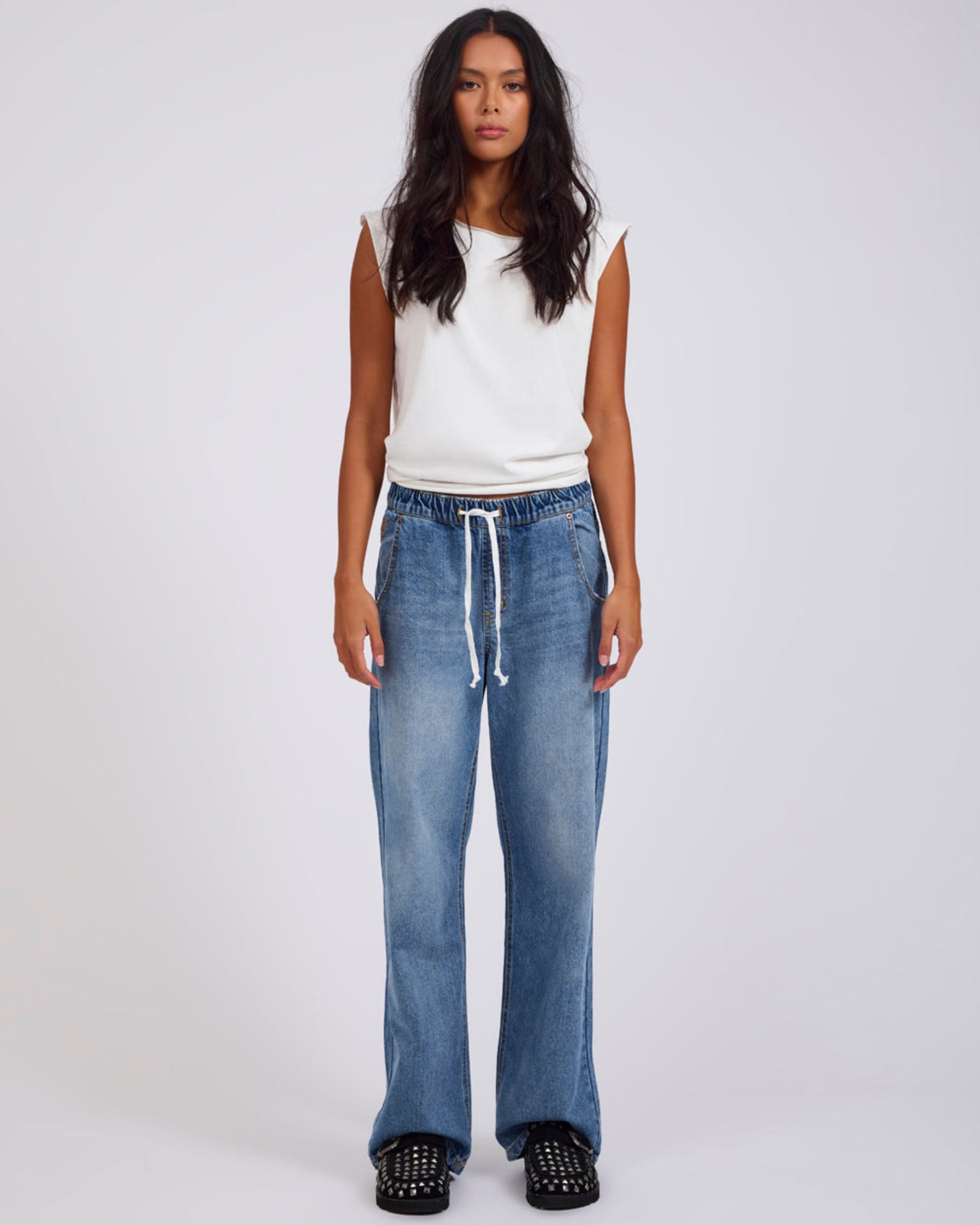 Roadhouse Mid Waist Wide Leg Drawstring Denim Jean - Hoodlum Blue