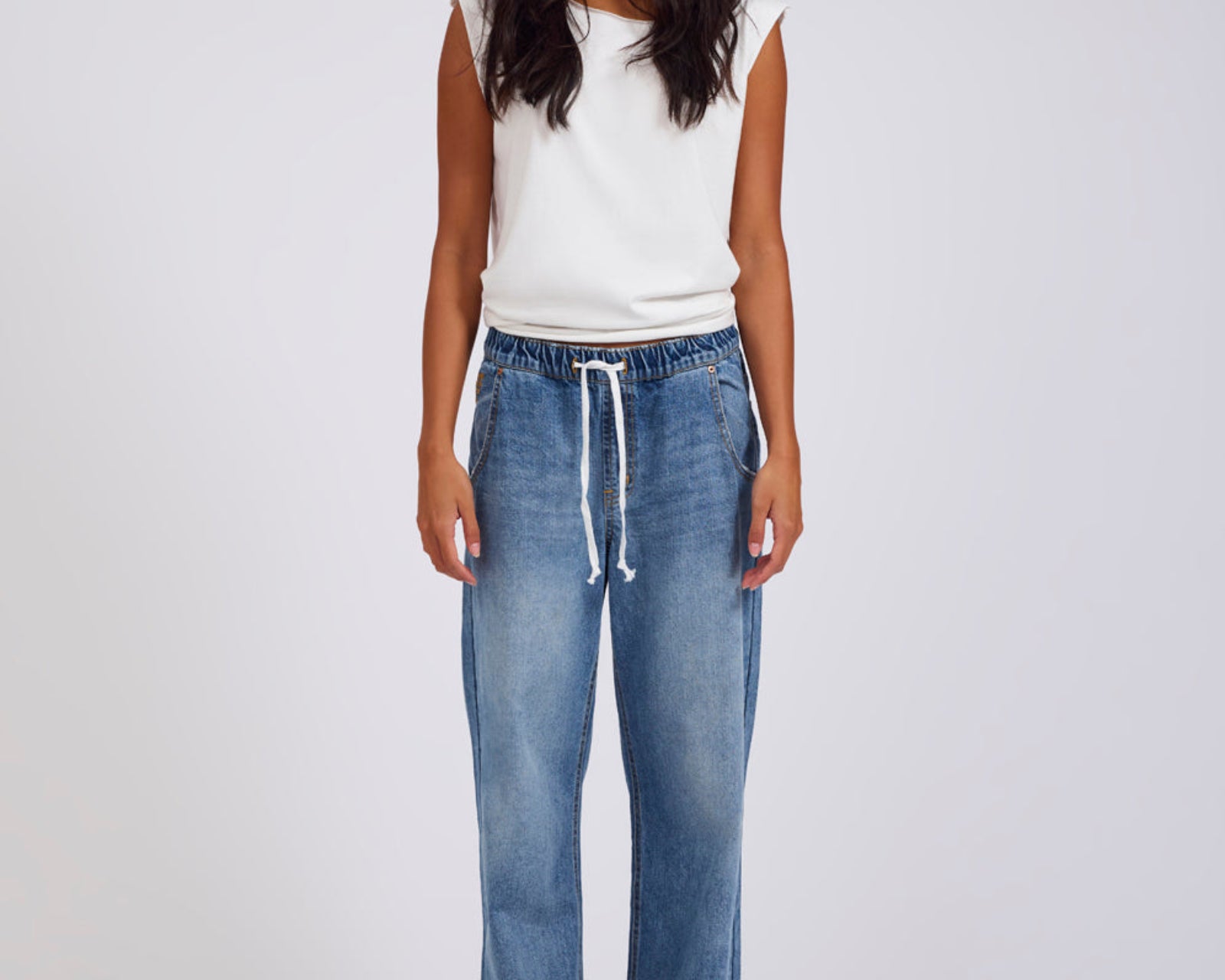 Roadhouse Mid Waist Wide Leg Drawstring Denim Jean - Hoodlum Blue