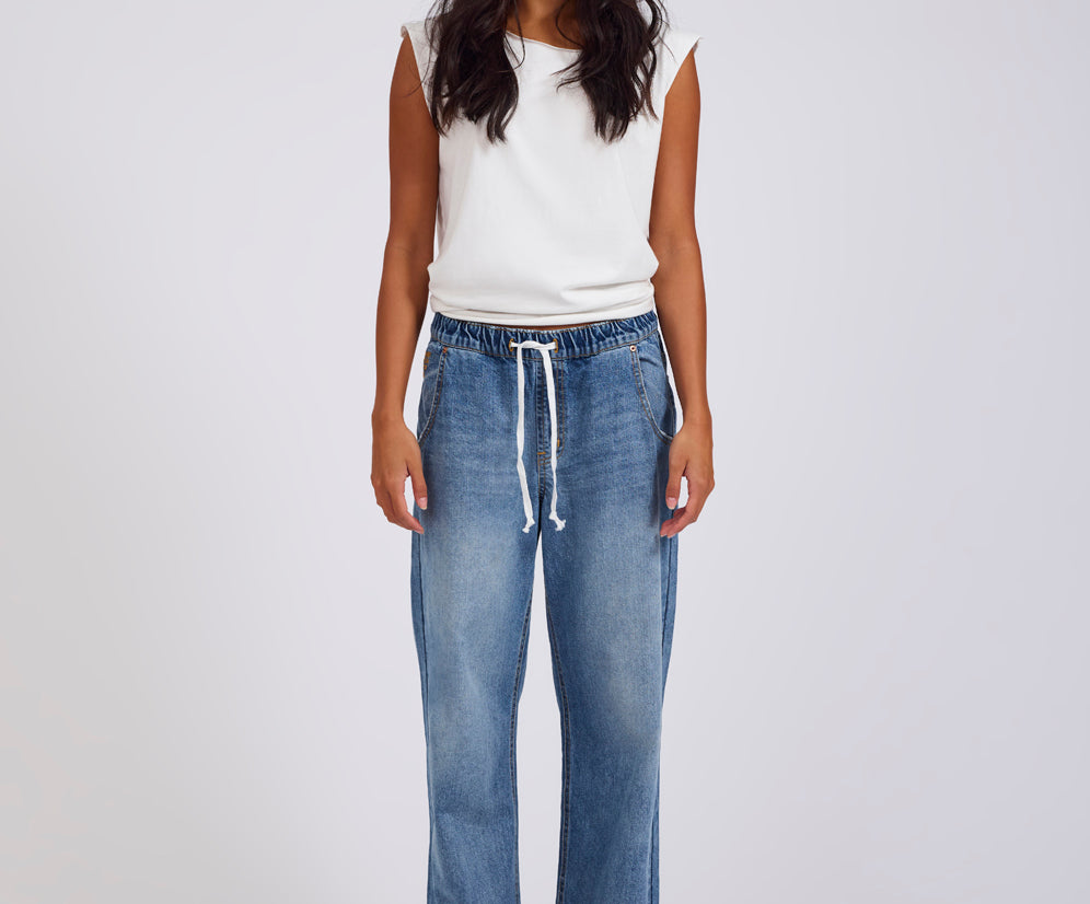 Roadhouse Mid Waist Wide Leg Drawstring Denim Jean - Hoodlum Blue