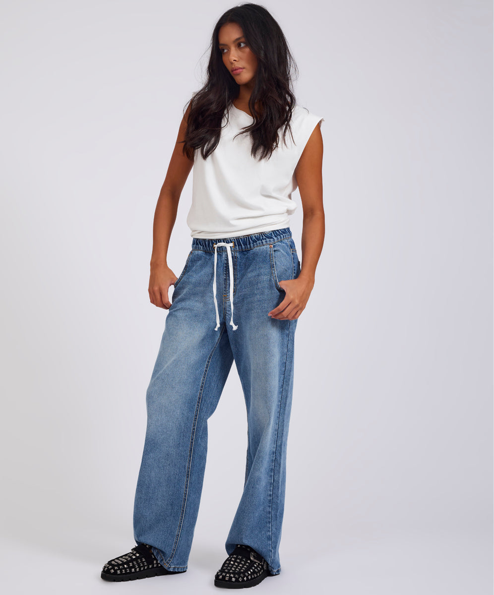 Roadhouse Mid Waist Wide Leg Drawstring Denim Jean - Hoodlum Blue