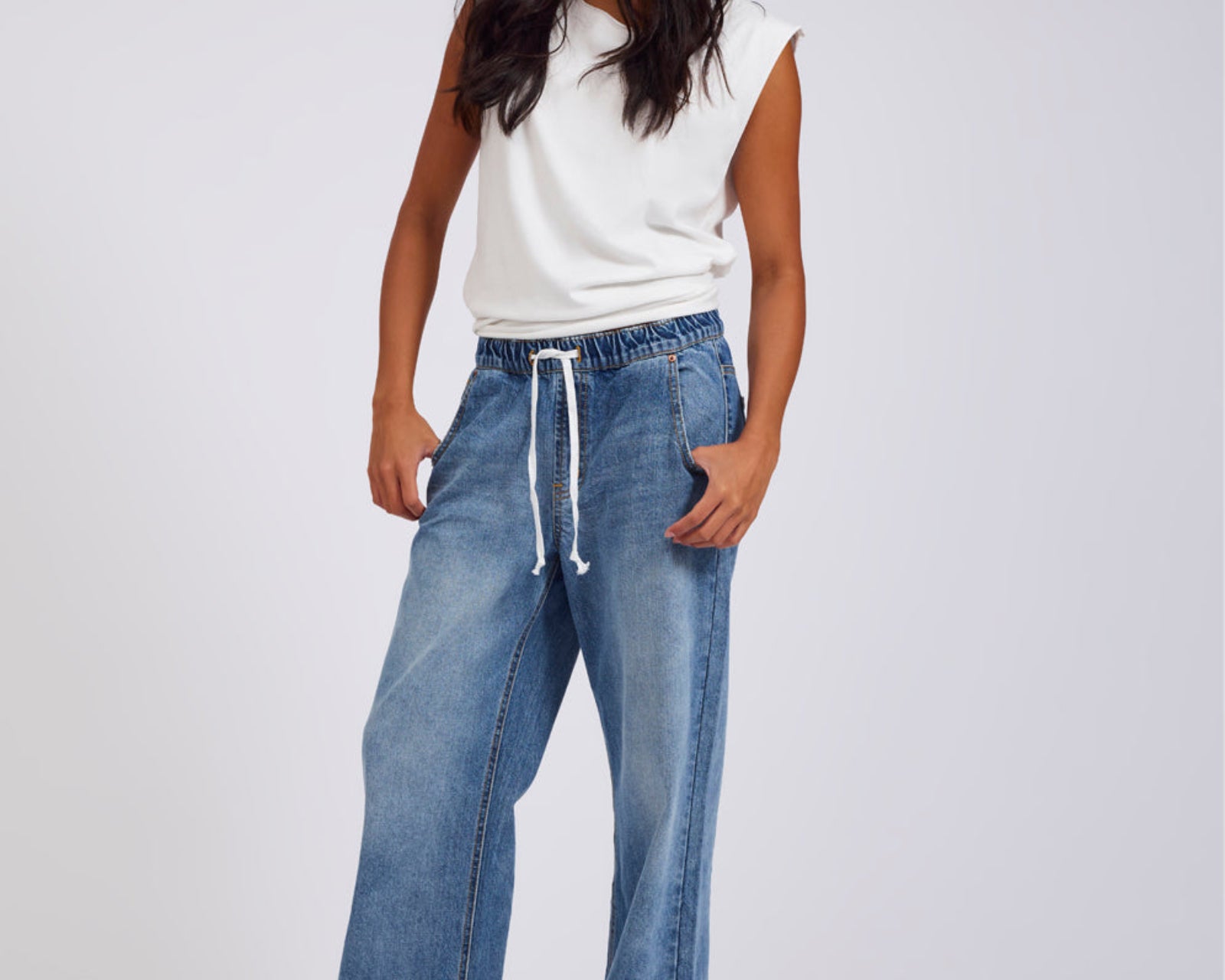 Roadhouse Mid Waist Wide Leg Drawstring Denim Jean - Hoodlum Blue