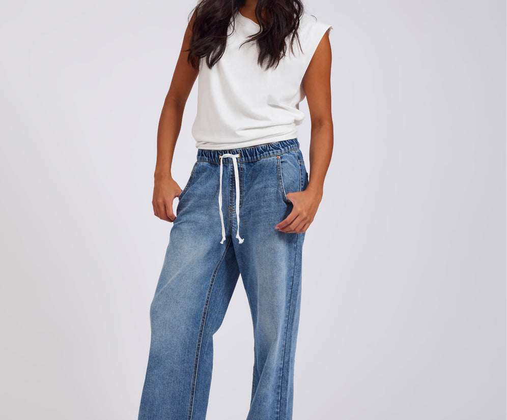 Roadhouse Mid Waist Wide Leg Drawstring Denim Jean - Hoodlum Blue