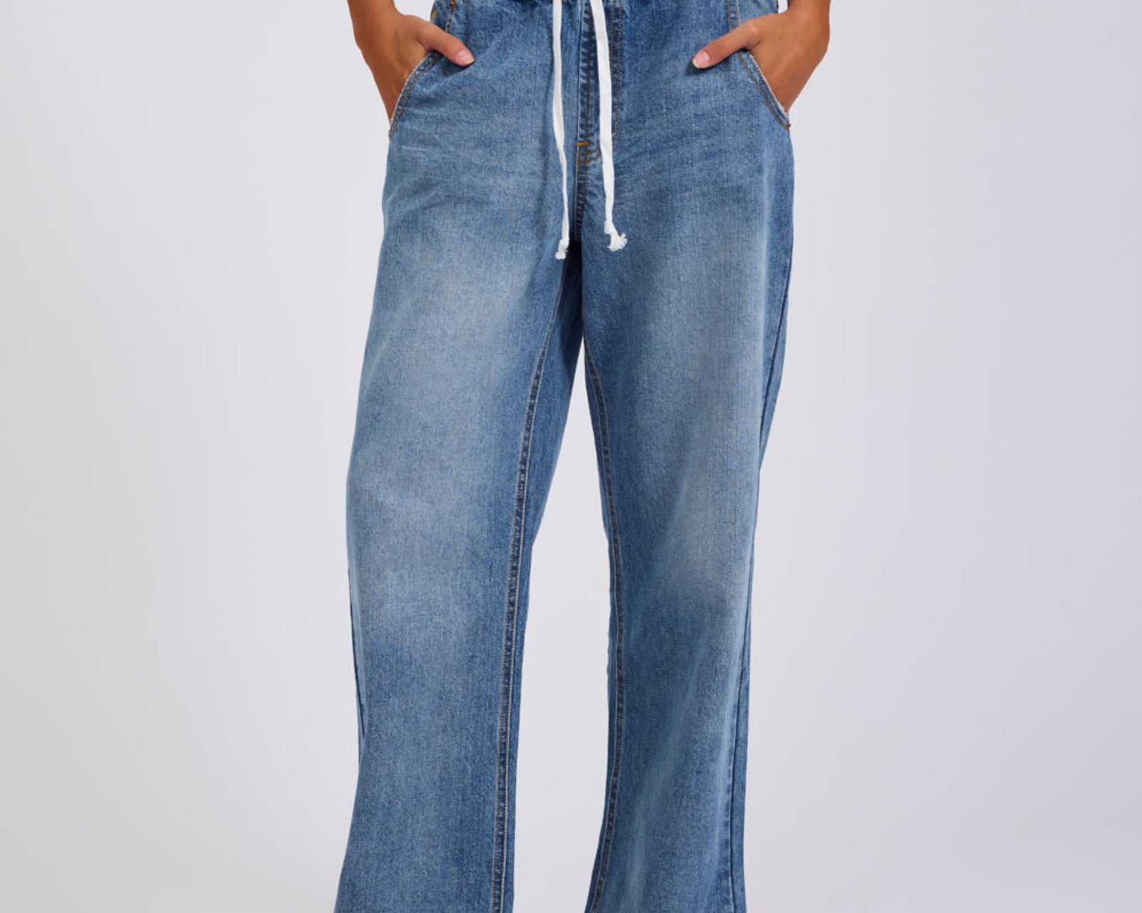 Roadhouse Mid Waist Wide Leg Drawstring Denim Jean - Hoodlum Blue