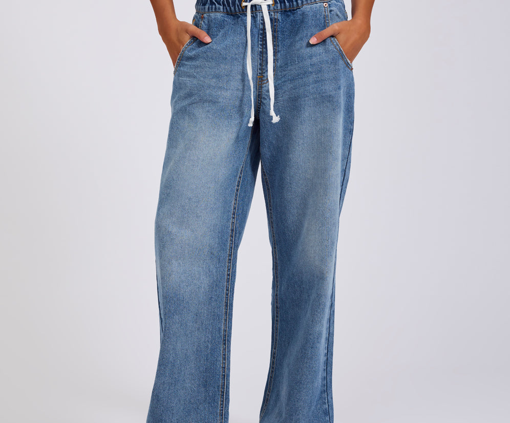 Roadhouse Mid Waist Wide Leg Drawstring Denim Jean - Hoodlum Blue