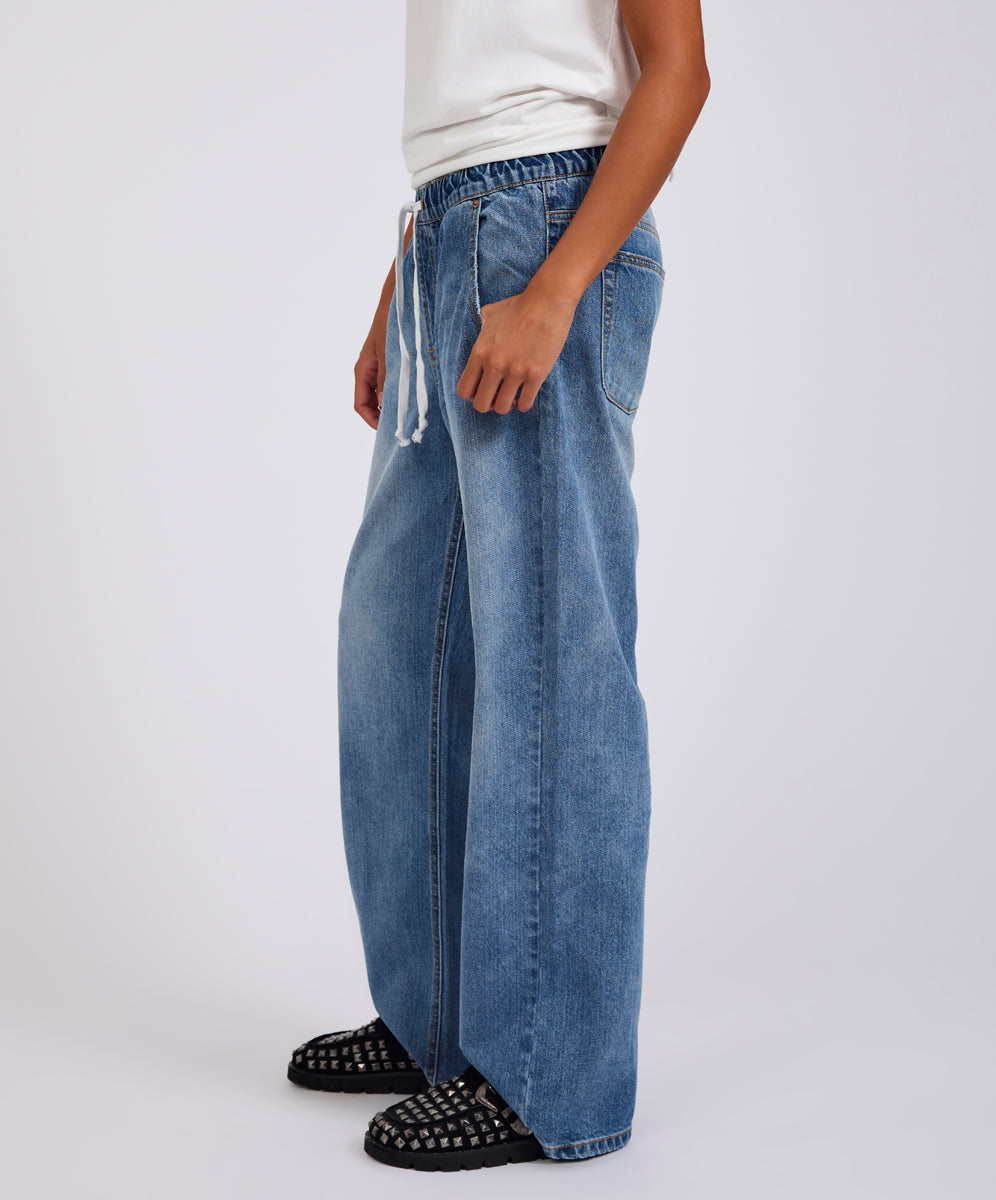 Roadhouse Mid Waist Wide Leg Drawstring Denim Jean - Hoodlum Blue