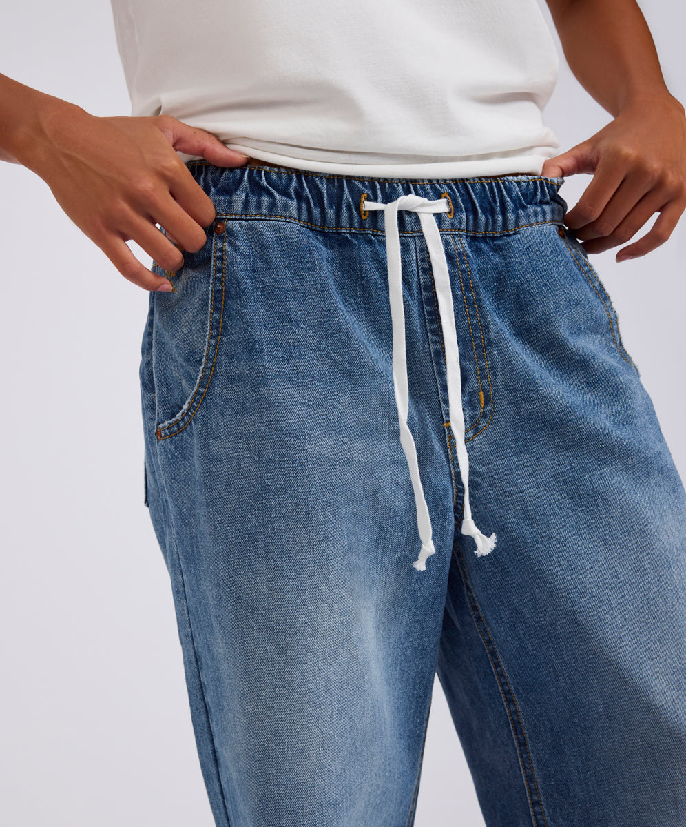 Roadhouse Mid Waist Wide Leg Drawstring Denim Jean - Hoodlum Blue