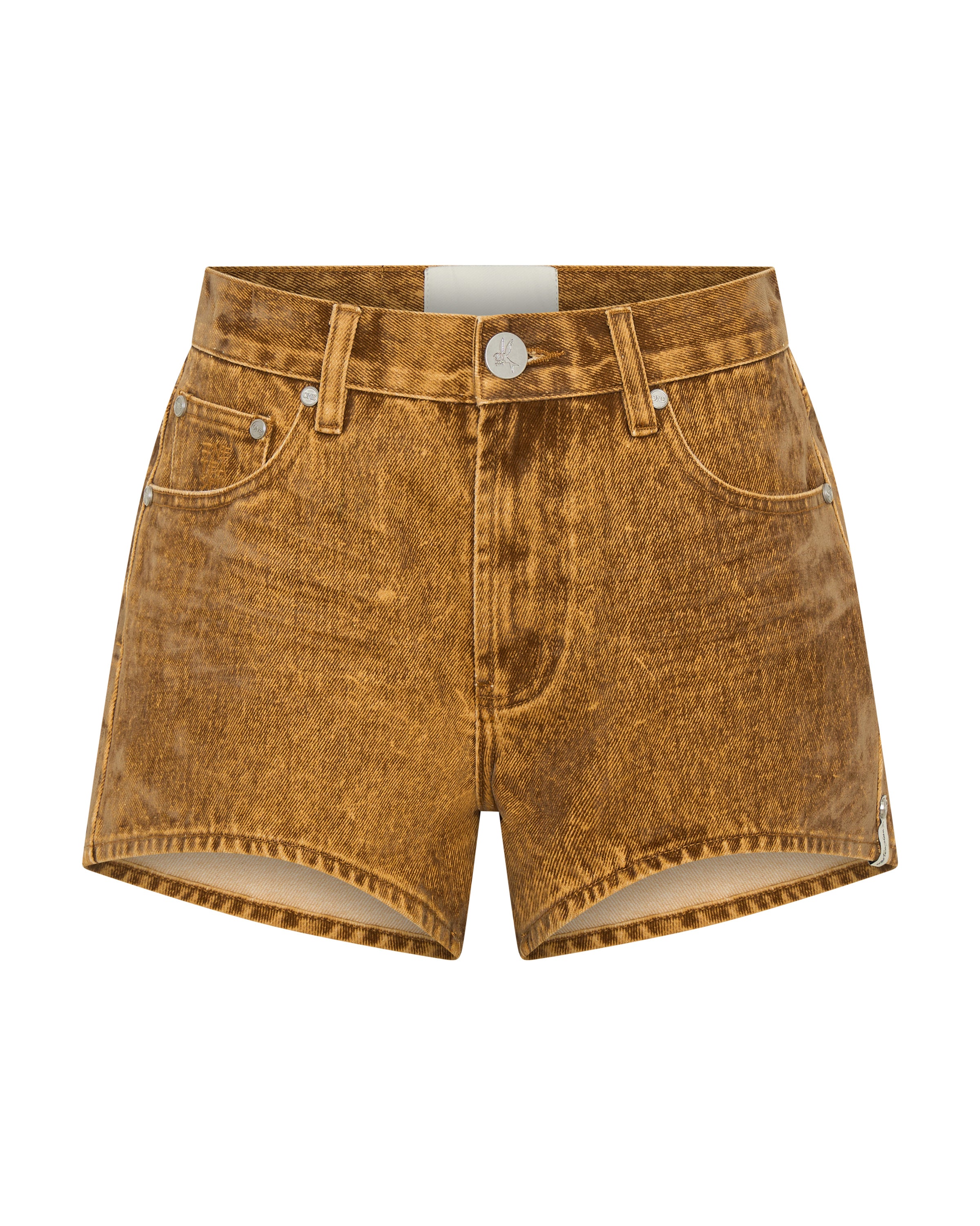Truckers Mid Waist Relaxed Flocked Denim Shorts - Burnt Tobacco