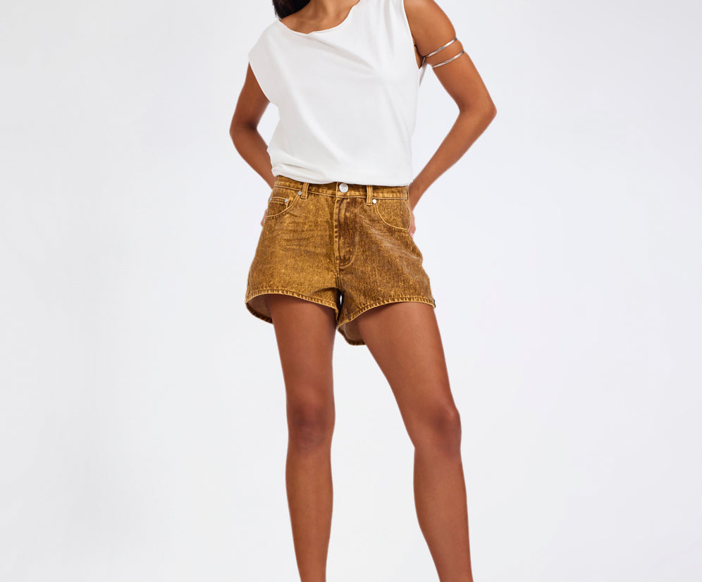 Truckers Mid Waist Relaxed Flocked Denim Shorts - Burnt Tobacco