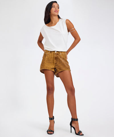 Truckers Mid Waist Relaxed Flocked Denim Shorts - Burnt Tobacco