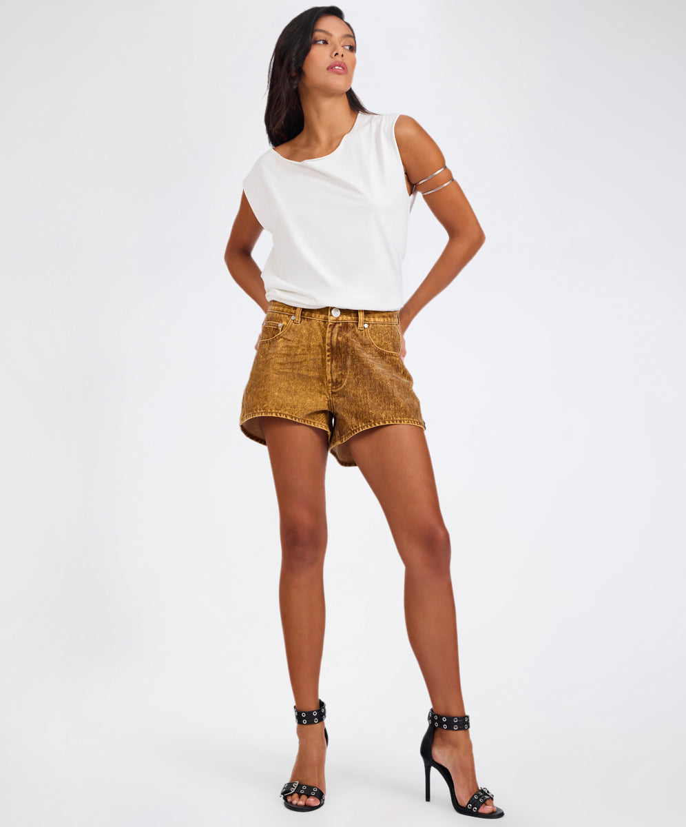  Truckers Mid Waist Relaxed Flocked Denim Shorts - Burnt Tobacco