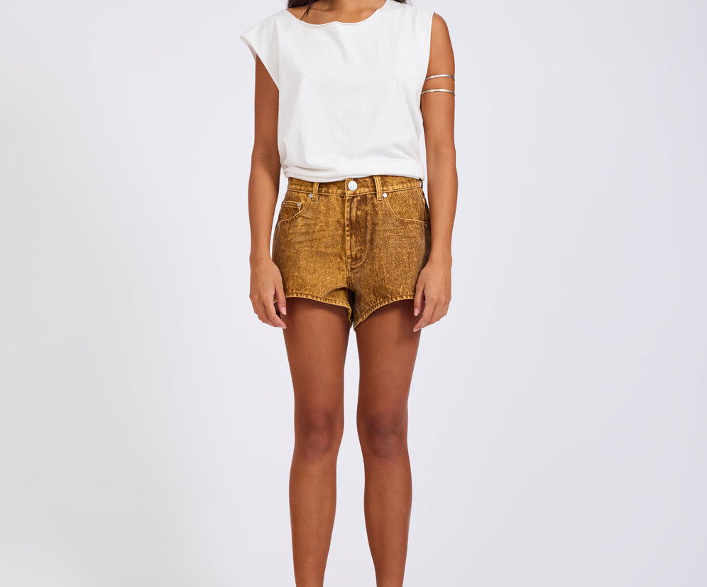 Truckers Mid Waist Relaxed Flocked Denim Shorts - Burnt Tobacco