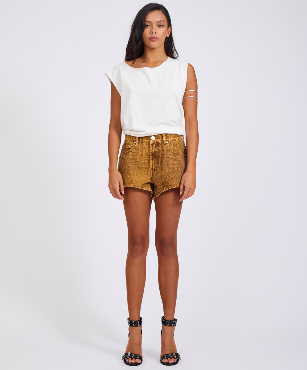  Truckers Mid Waist Relaxed Flocked Denim Shorts - Burnt Tobacco