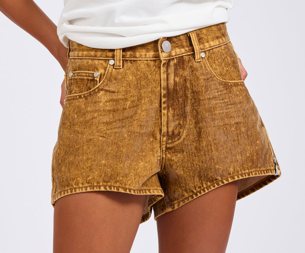 Truckers Mid Waist Relaxed Flocked Denim Shorts - Burnt Tobacco