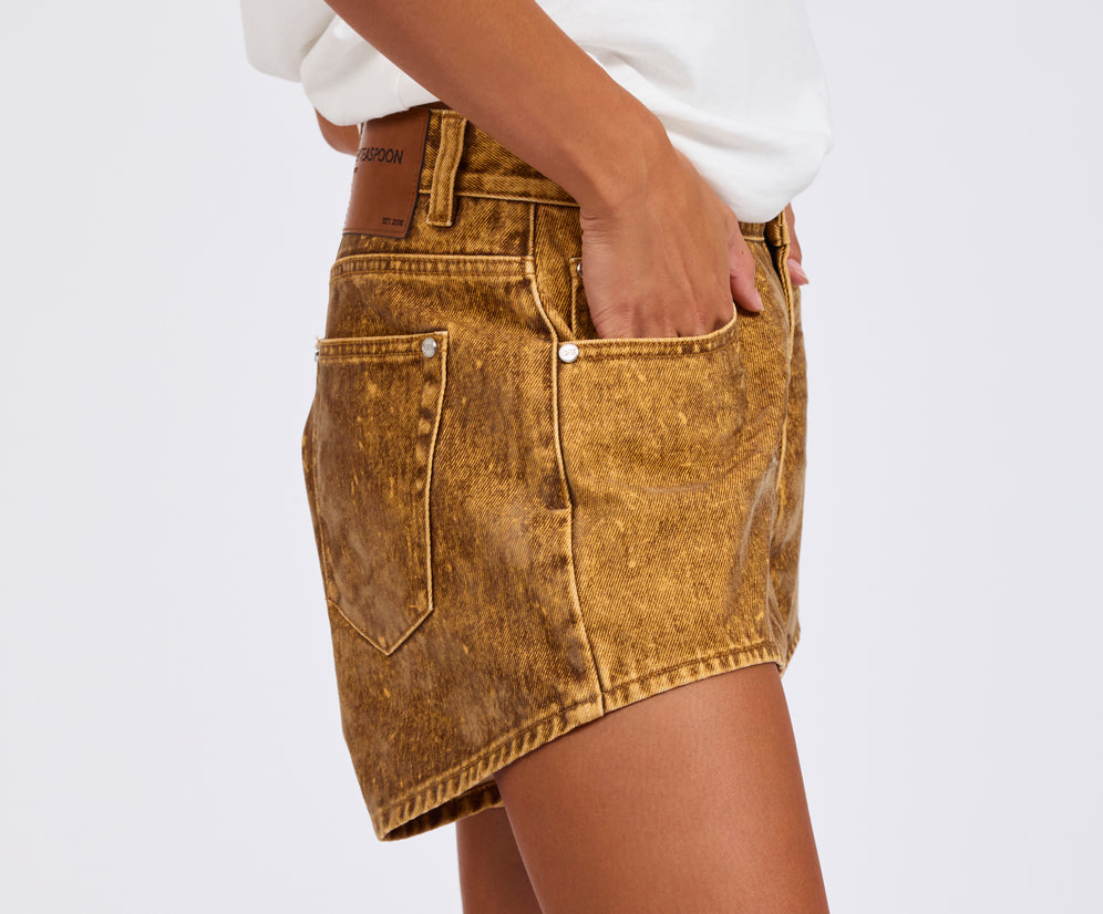 Truckers Mid Waist Relaxed Flocked Denim Shorts - Burnt Tobacco