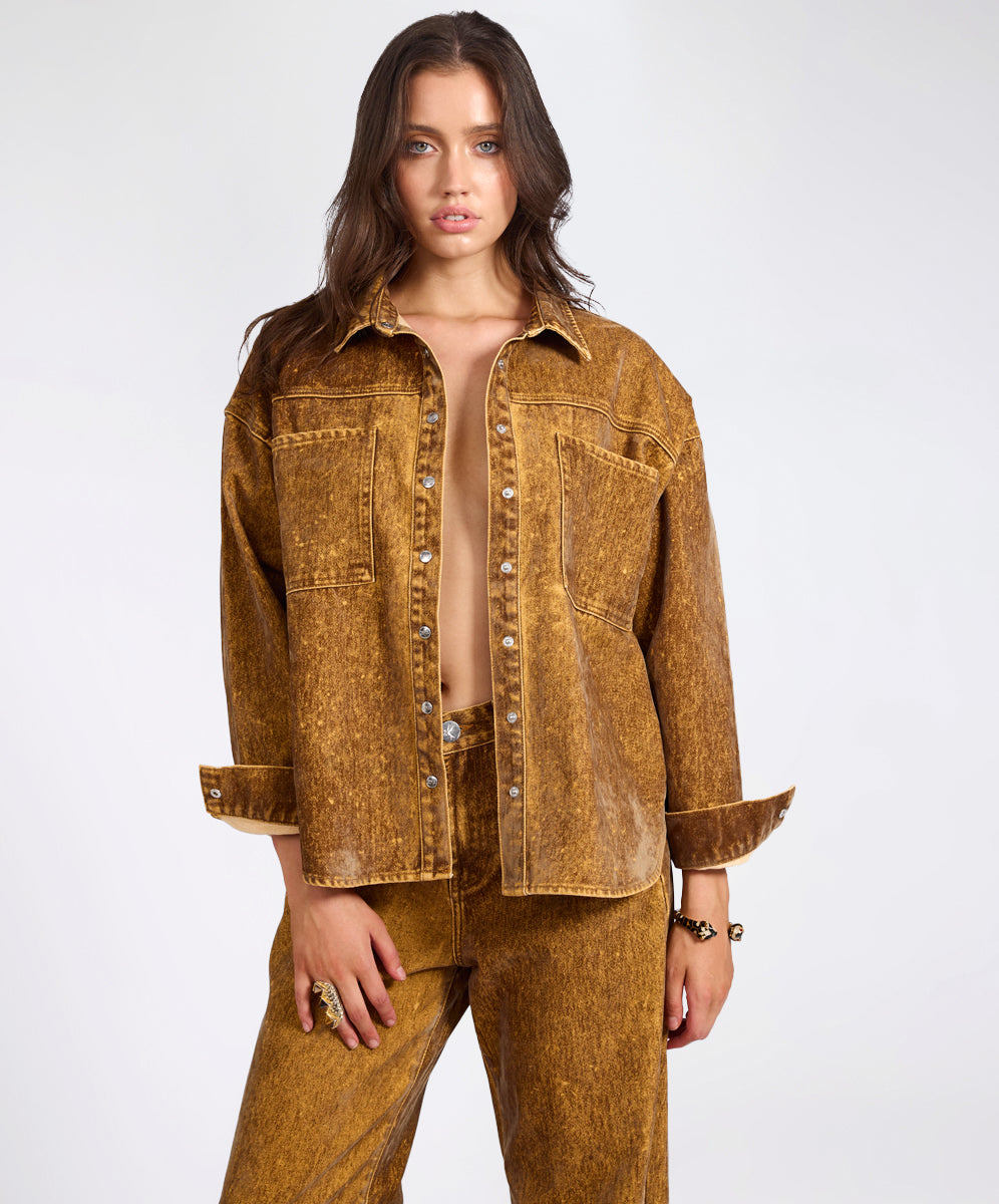  Daria Flocked Denim Shacket - Burnt Tobacco