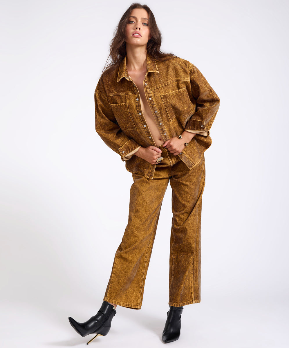  Daria Flocked Denim Shacket - Burnt Tobacco